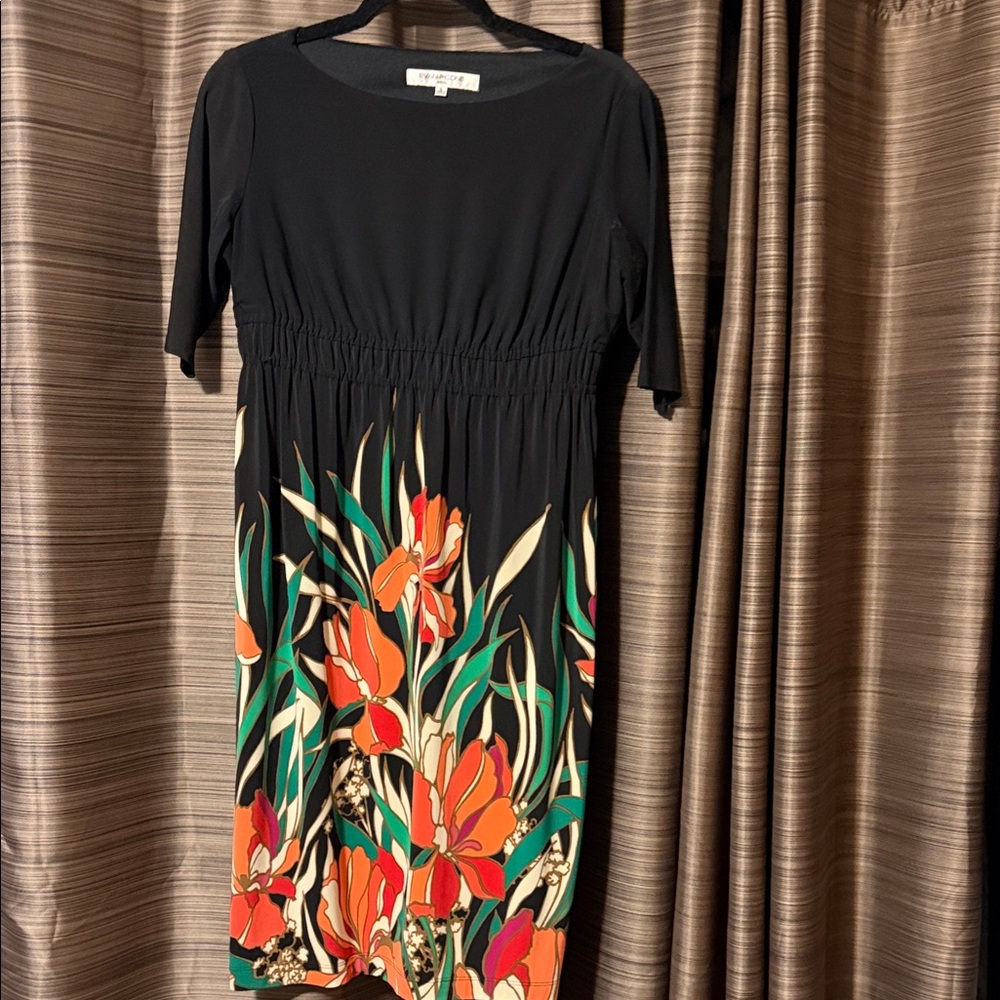 Evan Picone Black Midi Dress with Orange and Green Floral Design